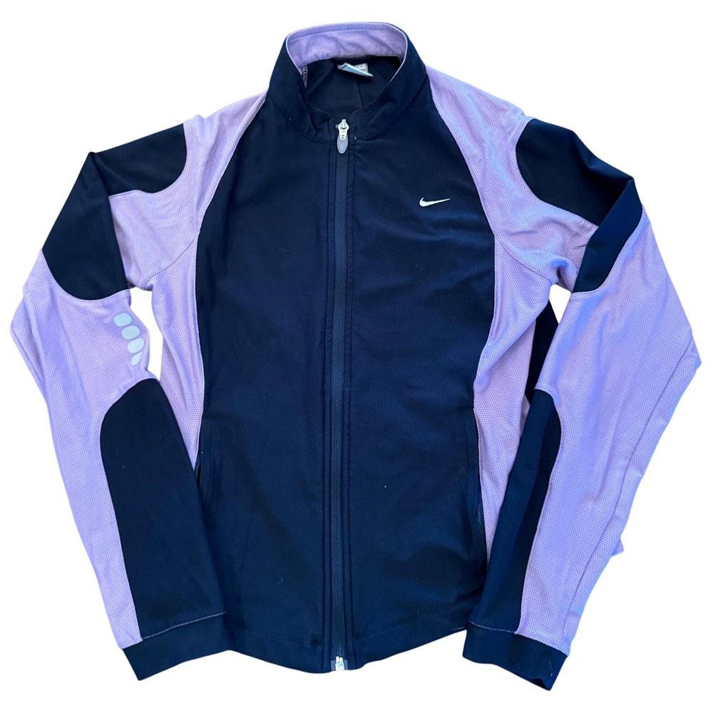 Nike FIT DRY Women Jacket Medium Black Purple Colorblock Full Zip Running Top